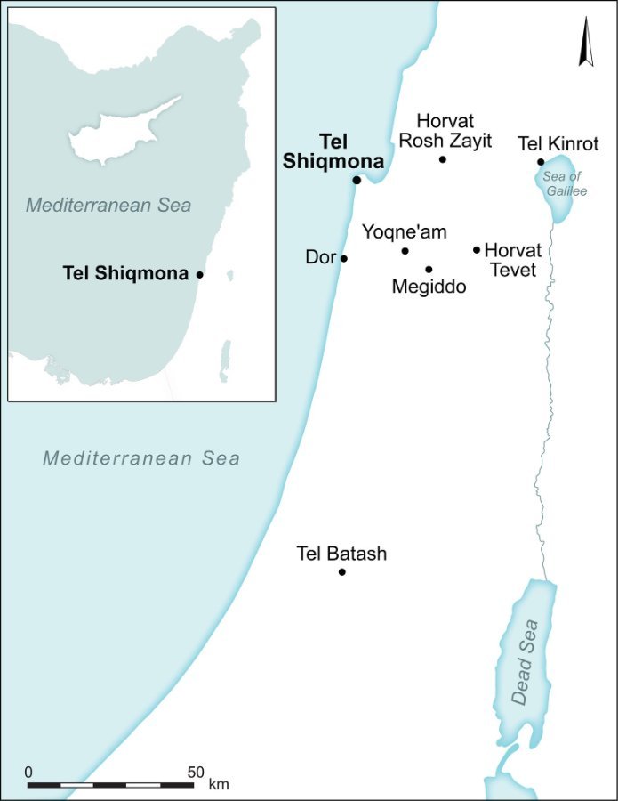 מפת אזור המחקר, המציגה את מיקומו של תל שקמונה ואתרים ארכאולוגיים נוספים המוזכרים במחקר. גרפיקה: ספיר עד / אוניברסיטת חיפה