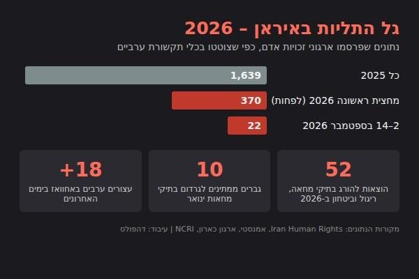 גל התליות באיראן 2026: הנתונים המרכזיים לפי ארגוני זכויות אדם (אינפוגרפיקה) | צילום: עיבוד דהפולס