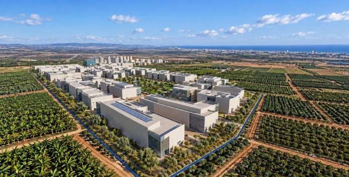 הדמיה של אזור התעשייה המתוכנן, על רקע נהריה והים התיכון. צילום: א.ג. איזן אדריכלים ובוני ערים בע"מ
