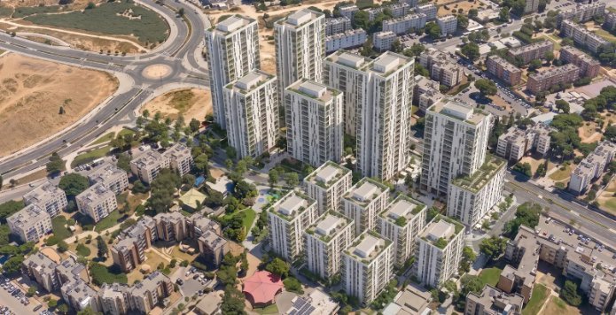 מבט אווירי על מתחם "השופטים" המתוכנן בכניסה לקריית גת. הדמיה: מידר