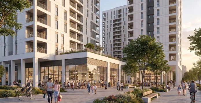 החזית המסחרית המתוכננת במפלס הרחוב במתחם. הדמיה: מידר