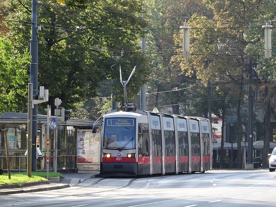 חשמלית מודרנית של Wiener Linien חולפת ברחוב מוצל על טבעת הרינג