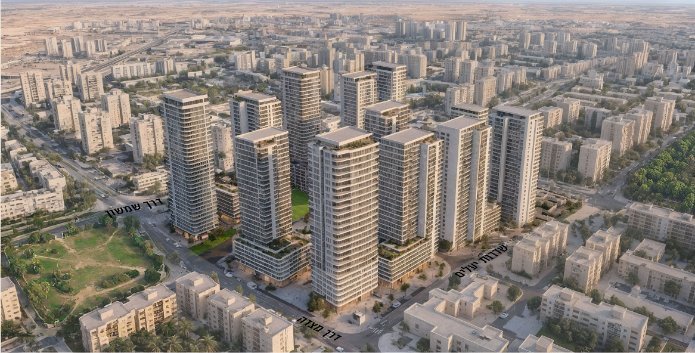 הדמיה אווירית של מתחם "ילדי טהרן" המתוכנן בבאר שבע | צילום: מידר